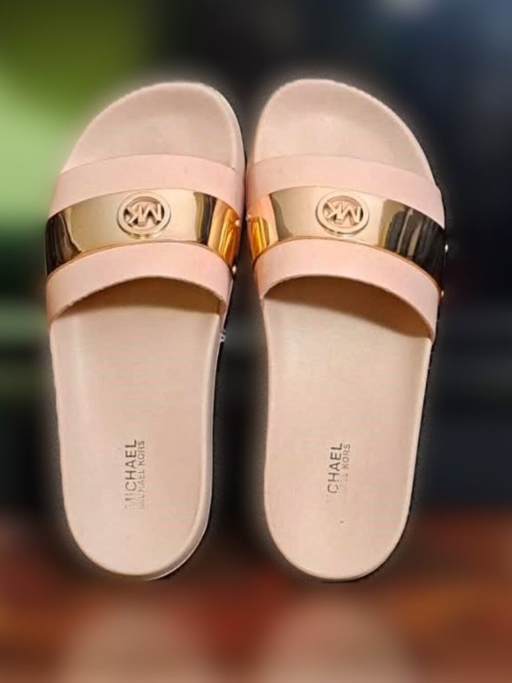 Michael Kors MK Charm Slide Sandals – Rose Gold & Gold Hardware